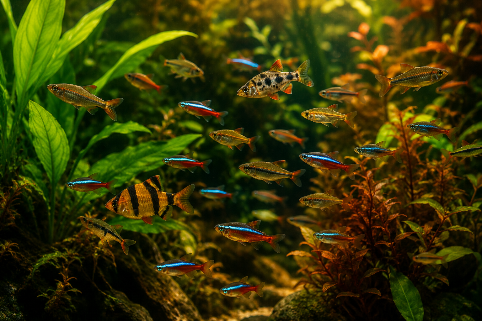 A community of freshwater fish swimming among broad-leaf plants