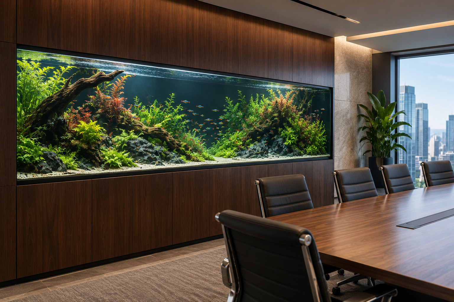 A freshwater aquarium installed in walnut cabinetry inside a modern boardroom