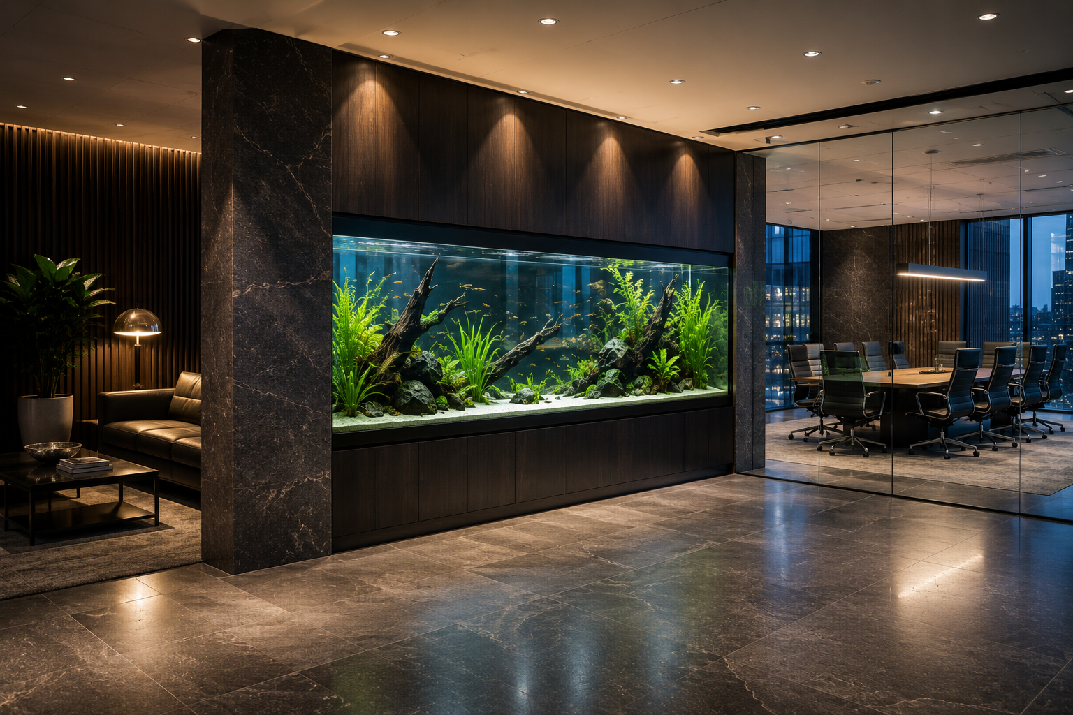 A statement aquarium dividing an elegant law firm lobby and boardroom