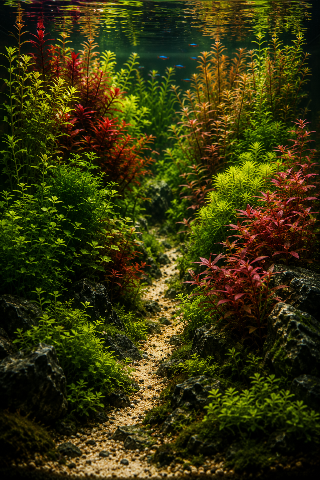 A mature Dutch-style freshwater aquascape with layered red and green plants