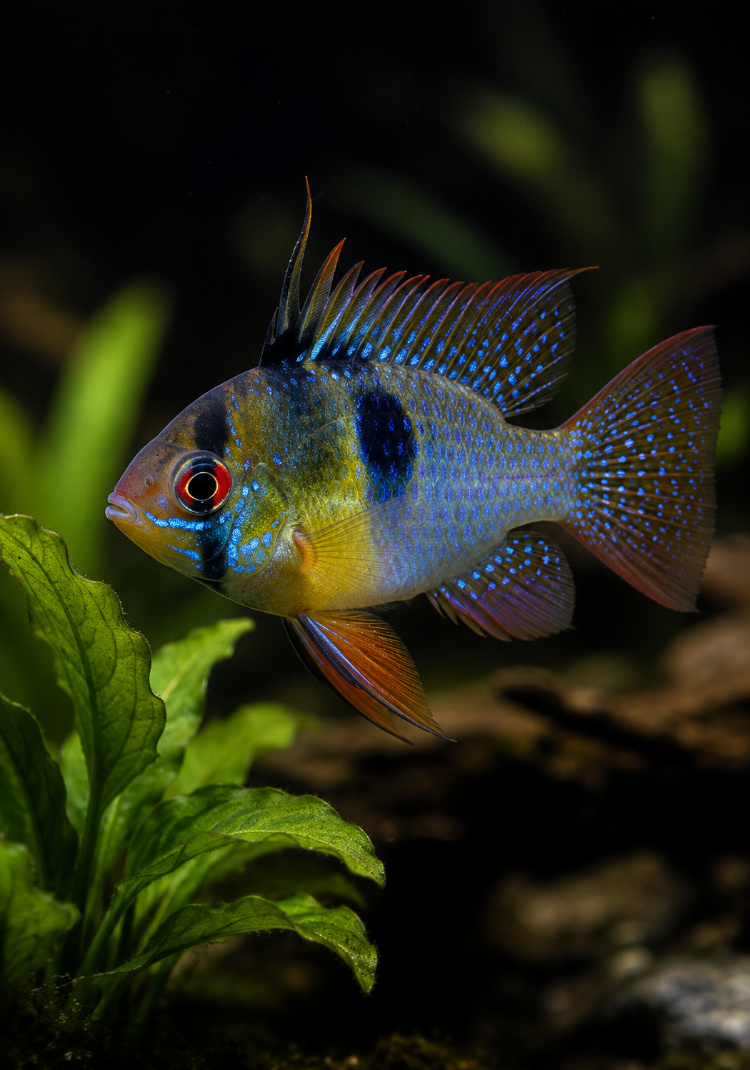 A blue ram cichlid beside delicate green aquarium leaves