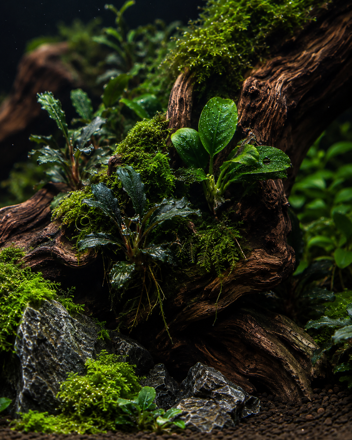 Moss and epiphyte plants growing across textured aquarium driftwood