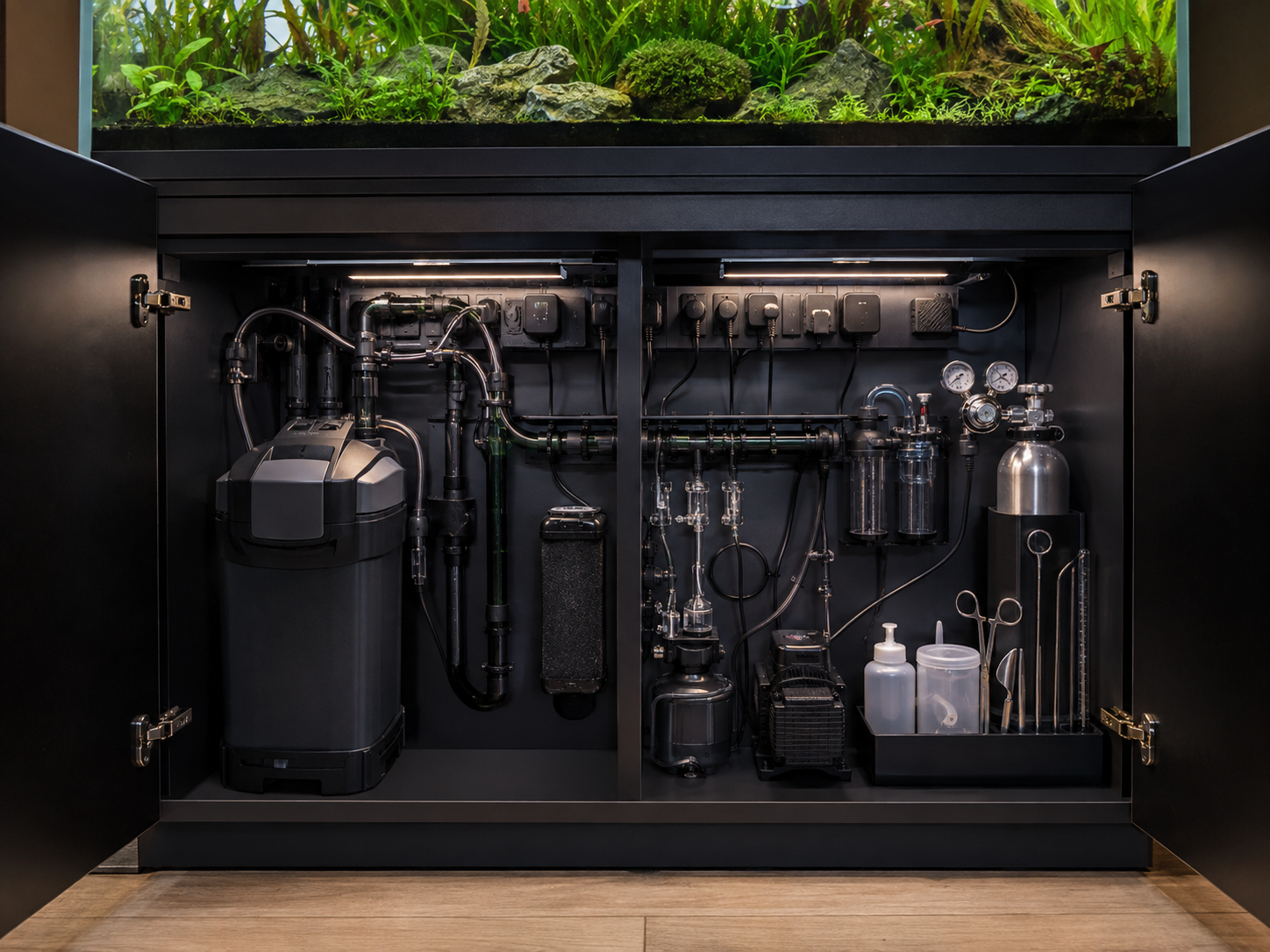 Neatly organized professional filtration equipment beneath a planted aquarium