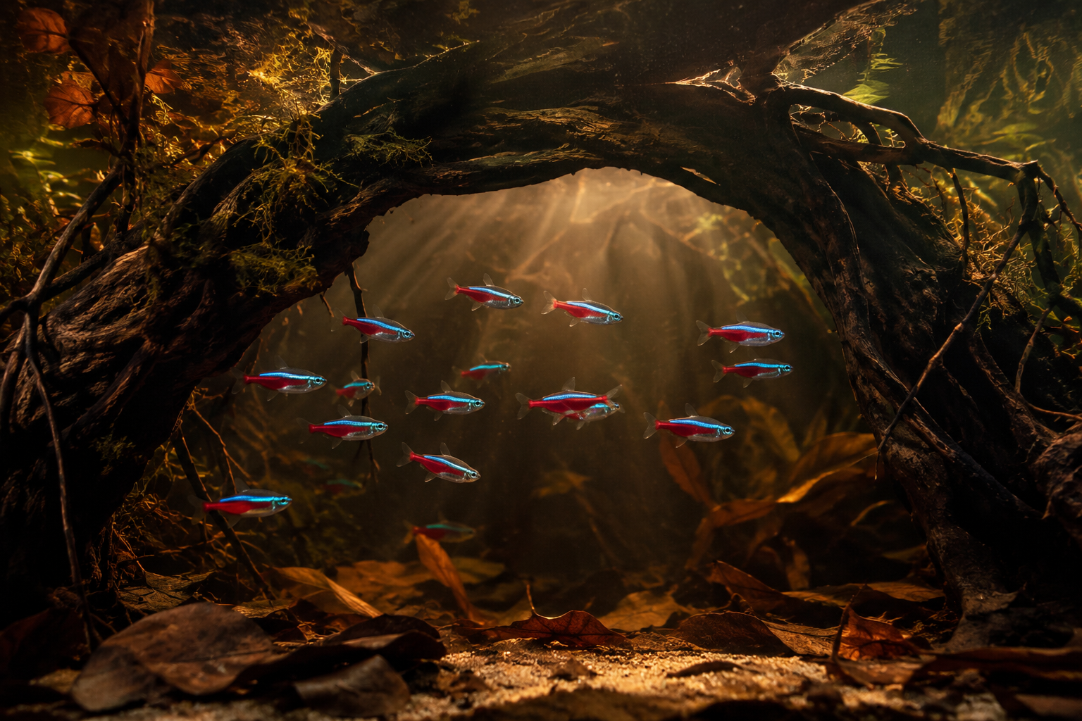 Cardinal tetras swimming through a driftwood arch in a blackwater aquarium